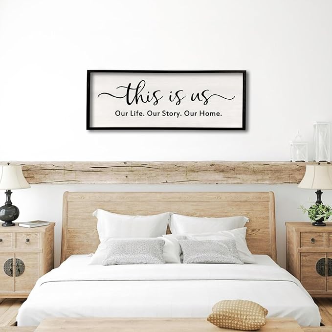 This is us Wall Decor Sign 32'' x 12'' Large Master Bedroom Home Life Story Wood Framed Vintage Family Sign Rustic Plaque Living Room Minimalist Farmhouse Hanging Wall Art (Black)-Ruum Studio Home