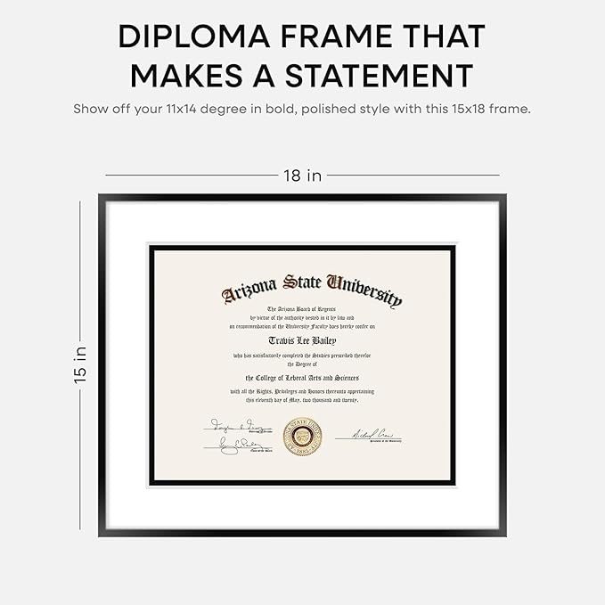Homeforia 15x18 Diploma Frame Black, High End Metal 15 x 18 Black Certificate Frame with Mat 11 x 14, 18x15 Document Frame Matted to 11x14, Graduation Degree Frames, Tempered Glass, Wall Kit, Set of 1-Ruum Studio Home