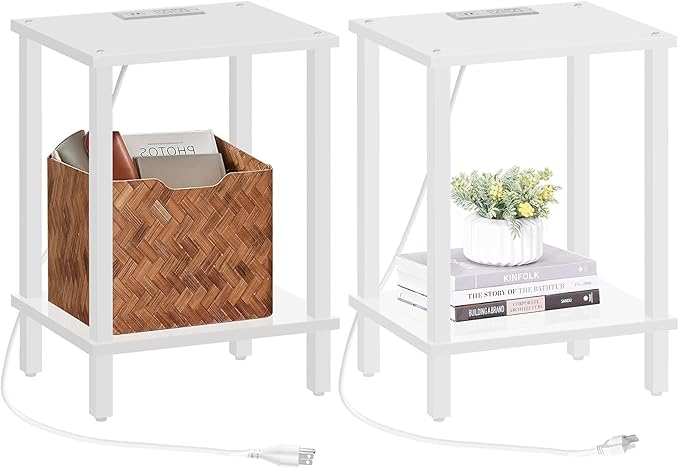 TUTOTAK End Table with Charging Station, Set of 2, Small Side Table with Outlets, Nightstand Bedside Table, 2-Tier Storage Shelf for Small Space, Living Room, Bedroom White TB01BW041-Ruum Studio Home