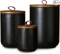 JOJUNO Black Ceramic Canister Set with Wooden Lid, 3-Piece Airtight Food Storage Jars for Kitchen Counter - Flour, Sugar, Coffee, Tea, Spice - Small, Medium, Large Sizes-Ruum Studio Home