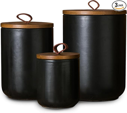 JOJUNO Black Ceramic Canister Set with Wooden Lid, 3-Piece Airtight Food Storage Jars for Kitchen Counter - Flour, Sugar, Coffee, Tea, Spice - Small, Medium, Large Sizes-Ruum Studio Home