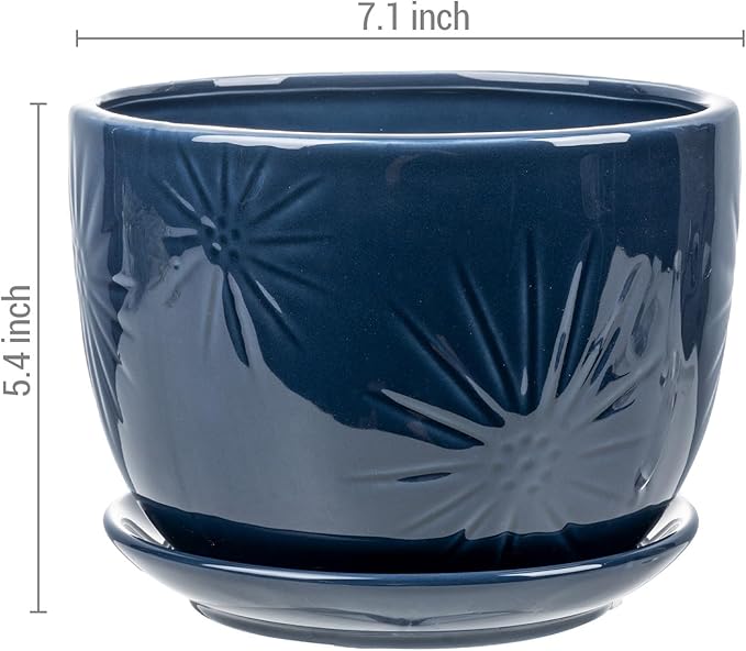 MyGift 7 Inch Round Blue Ceramic Plant Pot with Drainage Hole and Attached Saucer, Modern Decorative Embossed Sunburst Planter Container for Indoor Home Garden-Ruum Studio Home