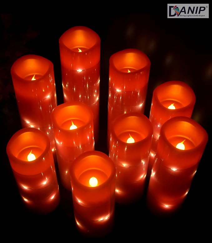 danip red flameless Candle, Built-in Star Cluster, 9 LED Candles, 11 Button Remote Control, 24-Hour Cycle Timer, Flashing Flame, Real Wax, Battery Powered. (Starry Sky Series)