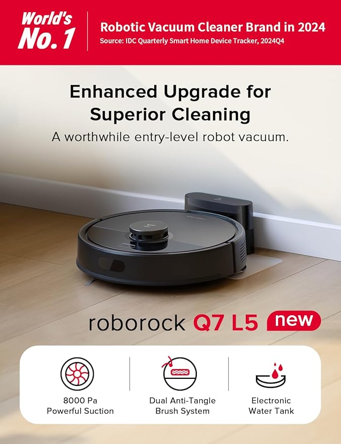 roborock Q7 L5 Robot Vacuum and Mop Combo, 8,000Pa Suction, Upgraded from Q5 Pro, Dual Anti-Tangle System, LiDAR Navigation, Multi-Level Mapping, Self-Charging Robotic Vacuum Cleaner, Black-Ruum Studio Home