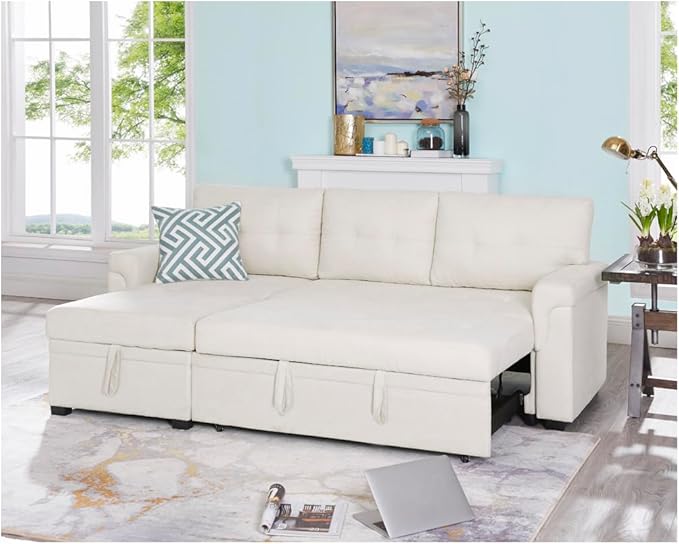 Naomi Home Transform Any Space: Sleeper Sectional Sofa with Convertible Sofa Bed & Inviting Chaise. Find Tranquil Comfort with Stress-Relieving Design & Durable Cushions - Cream/Velvet-Ruum Studio Home