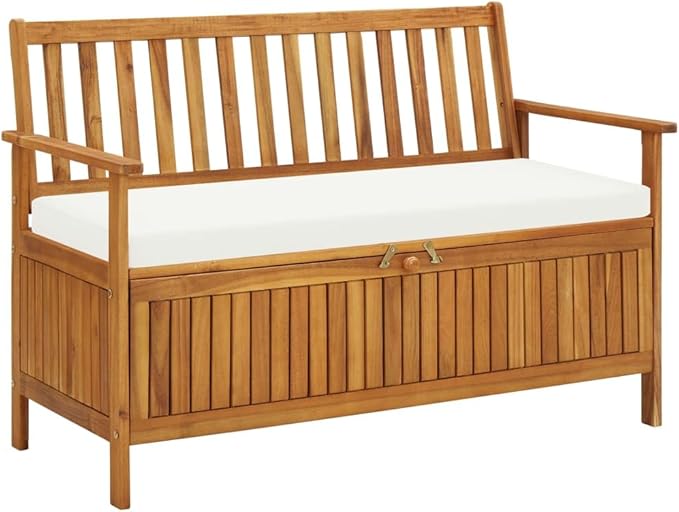 vidaXL Solid Acacia Wood Outdoor Storage Bench with Backrest, Armrests, and Cushion - 47.2"x24.8"x33.1" Rustic Patio Furniture with Large Storage Compartment-Ruum Studio Home