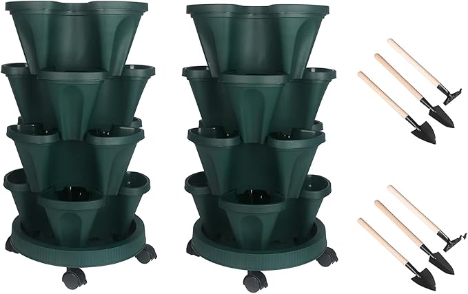 Vertical Planter 4 Tier Stackable Planters Garden Planters Strawberry Herb Flower and Vegetable Planter Indoor Outdoor Gardening Pots with Removable Wheels and Tools 2-Pack-Ruum Studio Home