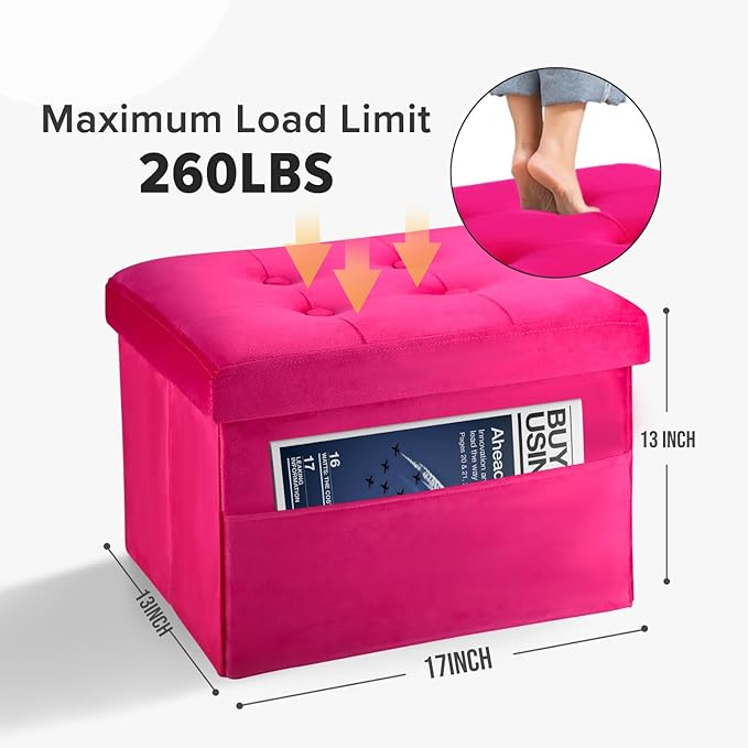 LINMAGCO Storage Ottoman Folding Foot Stool Foot Rest with Side Pocket Modern Ottoman with Storage Short Sofa Stool Velvet 17x13x13(ROSEO)-Ruum Studio Home