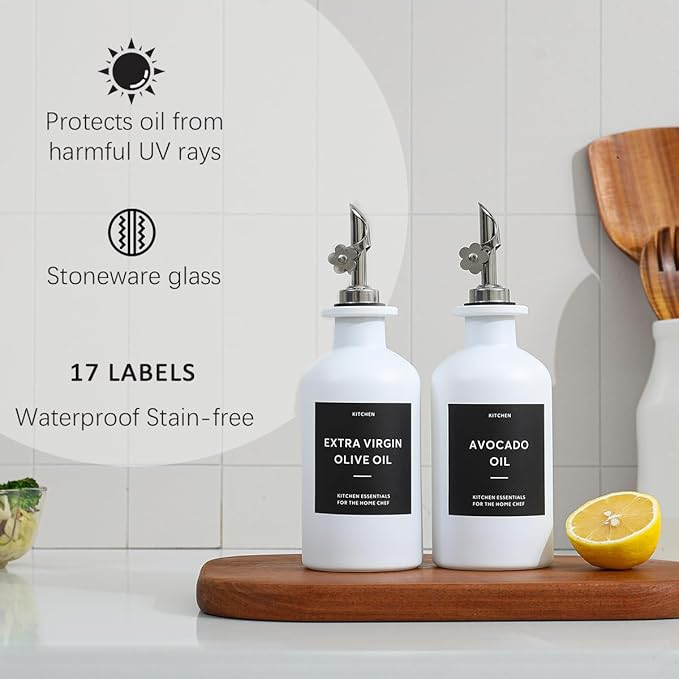 HOMCDALY Olive Oil Dispenser for Kitchen, 11.8oz Glass kitchen Dispenser Bottle, White Oil&Vinegar Cruet Set, Leakproof Oil Bottle for Cooking| Set of 2 (11.8oz – White)-Ruum Studio Home