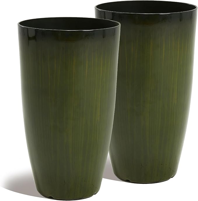 Worth Garden 23.5" H. Large Plastic Planters - Set of 2 Gradient Green Glossy Smooth Finish - Tall Plant Pots for Indoor & Outdoor Use - Decorative Lightweight Flower Pots for Front Porch, Patio, Deck-Ruum Studio Home