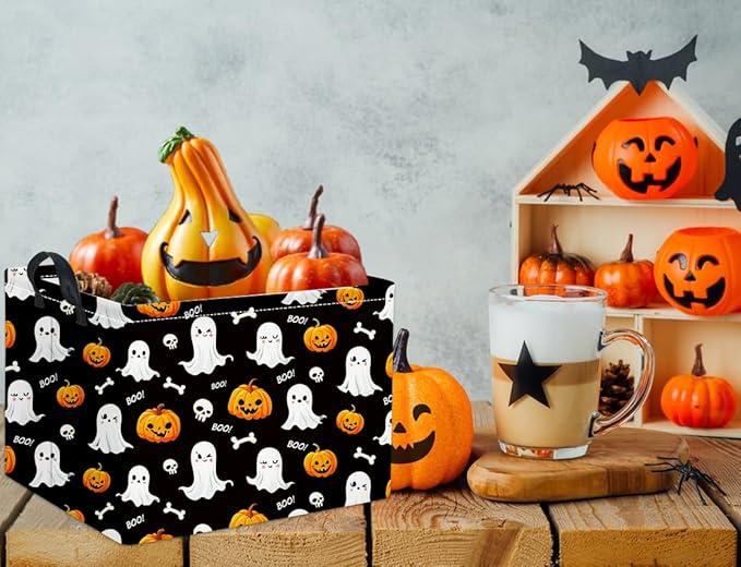 HIYAGON Rectangular Halloween Basket for Boys and Girls Kids Trick or Treat Pumpkin Basket for Halloween Parties Cute Storage Bin Organizer Box Room Decor(Black ghost)-Ruum Studio Home