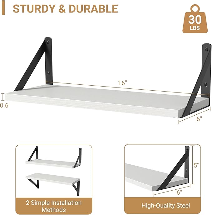 Heimlove Floating Shelves for Wall, 16 Inch Long Wood Floating Shelves Set of 3, Wall Mounted Hanging Shelf for Bathroom Bedroom Kitchen, White-Ruum Studio Home