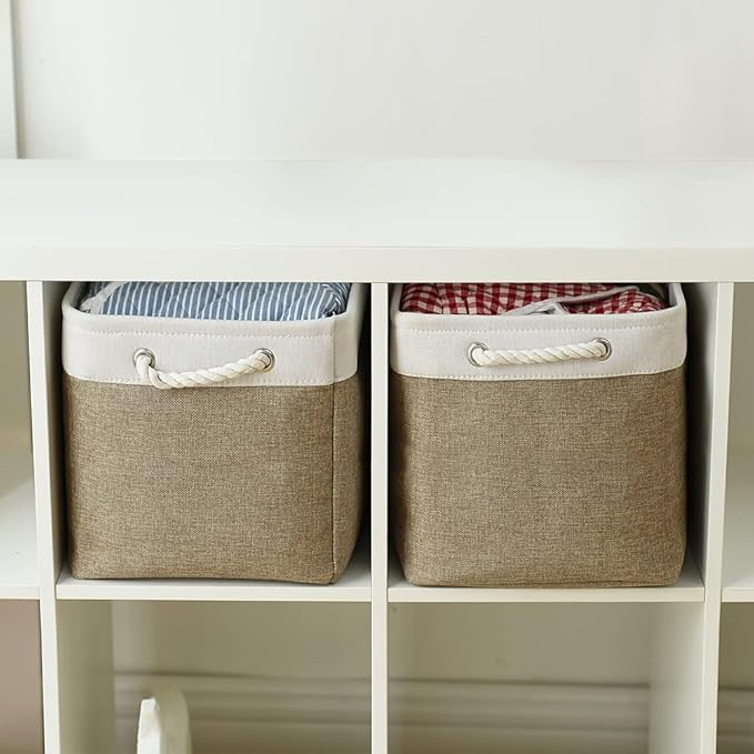 TcaFmac Organization and Storage Basket for Shelves - 16x12x12 inch Large 2 Pack Collapsible Storage Bins for Organization, Fabric Storage Cubes for Box Cloth Toy Books Kids (White & Khaki)-Ruum Studio Home