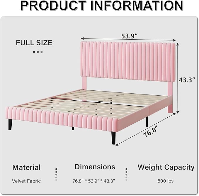 Full Size Bed Frame with Headboard, Velvet Upholstered Platform Bed with Vertical Channel Tufted Design, No Box Spring Required, Easy Assembly, Pink-Ruum Studio Home