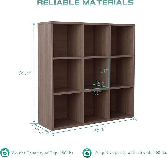 9-Cube Storage Shelf Bookcase - Wooden 3-Tier Floor Standing Open Bookshelf for Home and Office, Cuby Orgainzer, Walnut-Ruum Studio Home