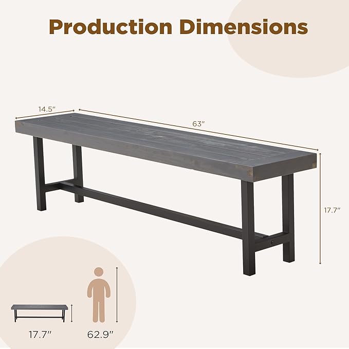 AVAWING Outdoor Wood Benches Set of 2, 63" Patio Wooden Picnic Bench for 6 Persons, Rectangular Bench for Porch, Balcony and Deck,Grey-Ruum Studio Home