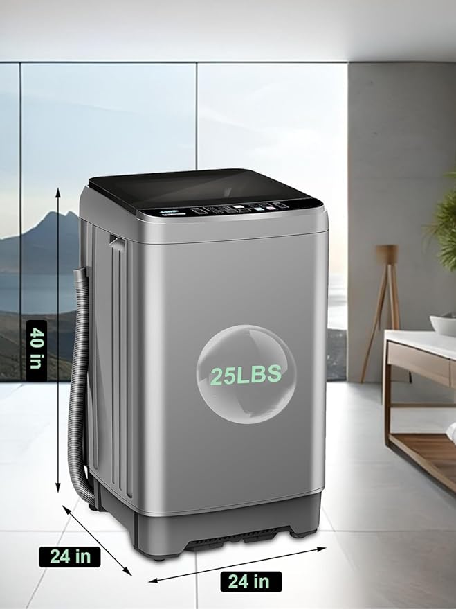 25 lbs Full Automatic Washing Machine with LED Display Compact Washing Machine with Drain Dump, 10 Wash Programs and 8 Water Levels Ideal for Dorms, Apartments, RV, Grey-Ruum Studio Home