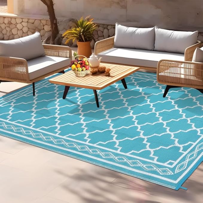 GAOMON Outdoor Plastic Straw Rug, 10'x14' Reversible Sage Green Patio Mat, Flower Modern Design for RV, Backyard, Deck, Camping, Picnic, Teal/White(Geometric)-Ruum Studio Home