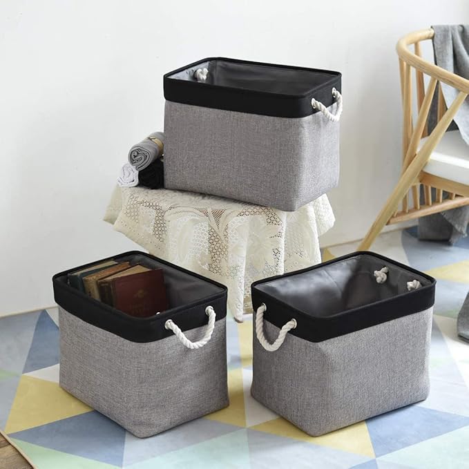 TheWarmHome Storage Basket for Organizing - 16x12x12 inch Cube Storage bin 3 Pack Fabric Storage Cubes, Collapsible Storage Box for Organizer Cloth Gift Toy Closet (Black & Grey)-Ruum Studio Home