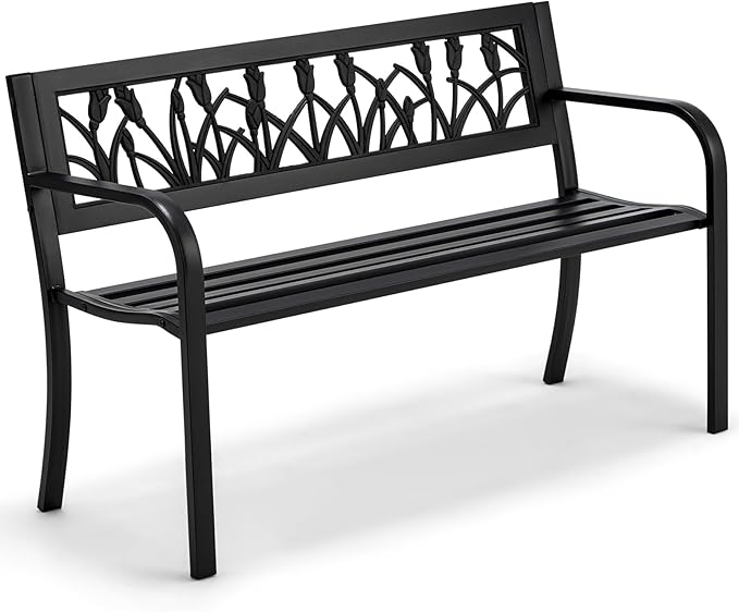 AVAWING Outdoor Bench, 2-Person Garden Benches for Outside, Metal Frame Patio Seating with Floral Pattern Backrest, Armrests for Lawn, Park, Porch, Entryway, Black-Ruum Studio Home