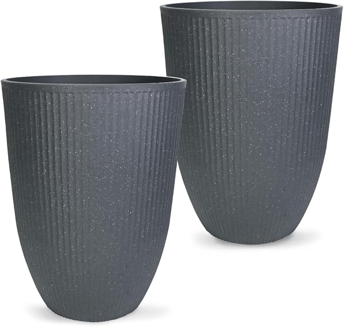 2 Pcs Pack 15 Inches Heavy Duty Plastic Resin Tall Tapered Planter Pots Large Round Planter Flower Pot with Drainage Hole for Indoor Outdoor Deck Porch Garden Home Patio Front Door (Dark grey, S)-Ruum Studio Home