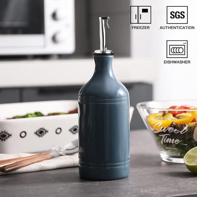 Sweejar Ceramic Olive Oil Dispenser Bottle, Opaque Oil Cruet Protects Oil to Reduce Oxidation, Suitable for Storage Oil, Vinegar, Coffee Syrups & Other Liquids, Pack of 1, 15.5 Fl Oz (Fog Blue)-Ruum Studio Home