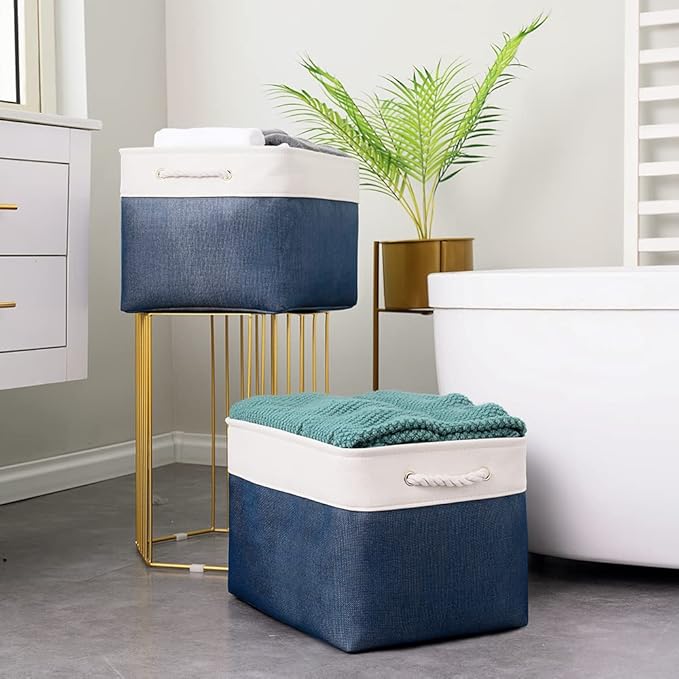 TcaFmac Organization and Storage Basket for Gifts Empty - 16x12x12 inch Large 2 Pack Collapsible Storage Bins for Shelves, Fabric Storage Cubes for Organizing Cloth Toy Kids (White & Jean Blue)-Ruum Studio Home