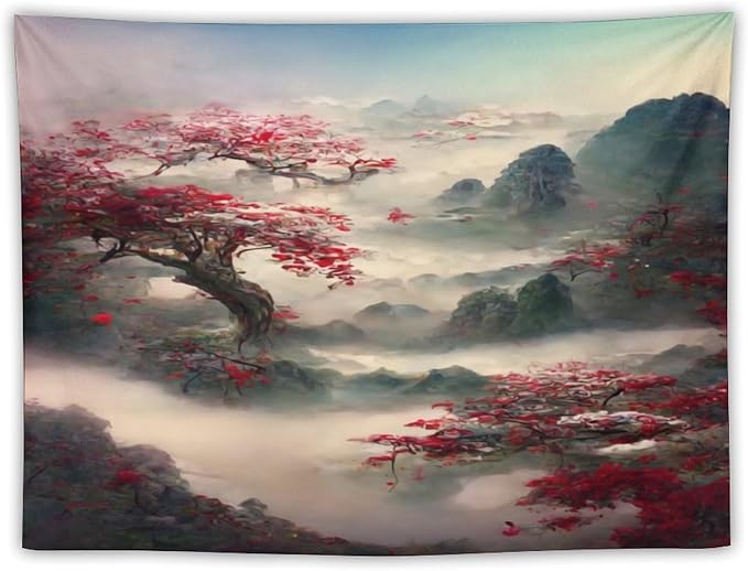 Houselerax Japanese Tapestry, Red Plum Cherry Blossom Mountain Tapestries, Asian Japanese Wall Decor, Nature Landscape Tapestries for Bedroom Living Room Decor 40"x30"-Ruum Studio Home