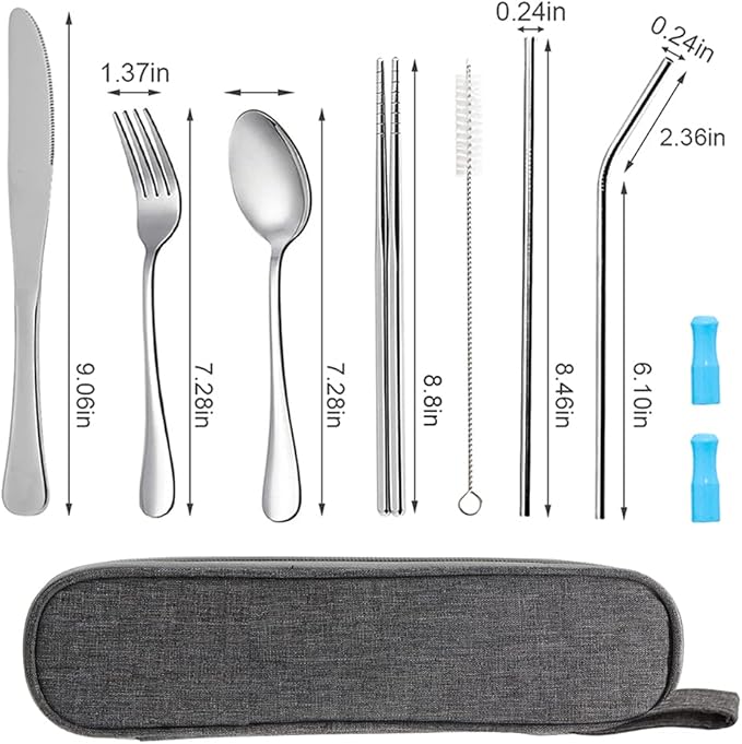 Travel Utensils Set with Case Reusable Portable Cutlery Set Stainless Steel 8pcs Including Dinner Knife Fork Spoon Chopsticks Straws(Silver)-Ruum Studio Home