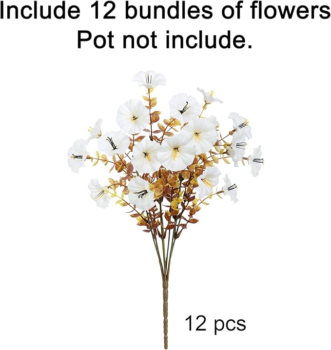 Fake Mums Artificial Fall Flowers Fake Plants for Outdoors Autumn Decor, 12 Bundles White Silk Morning Glory with Eucalyptus Look Real UV Resistant Faux Flowers for Outside Planters Front Door Yard-Ruum Studio Home