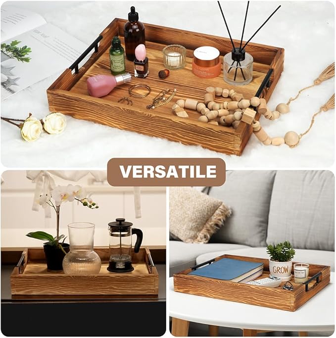LotFancy Large Ottoman Tray for Living Room, 17x13'' Wood Serving Tray with Handles, Home Décor for Coffee Table, Sofa, 2 Skidproof Coasters Included-Ruum Studio Home