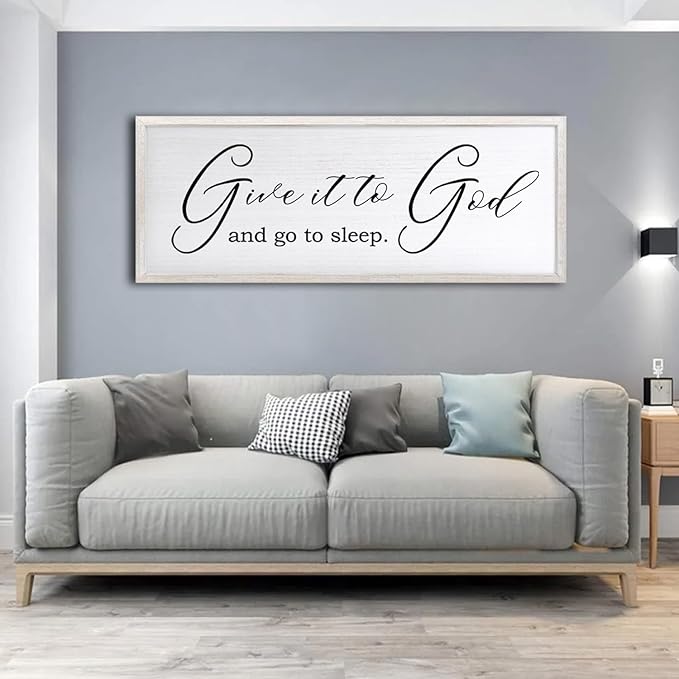 Give It To God And Go To Sleep Sign Wall Decor 40x15 Inch Large Farmhouse Master Bedroom Above Bed Hanging Wall Art Rustic Guest Room Wood Framed Over Bed Wall Decoration (White)-Ruum Studio Home