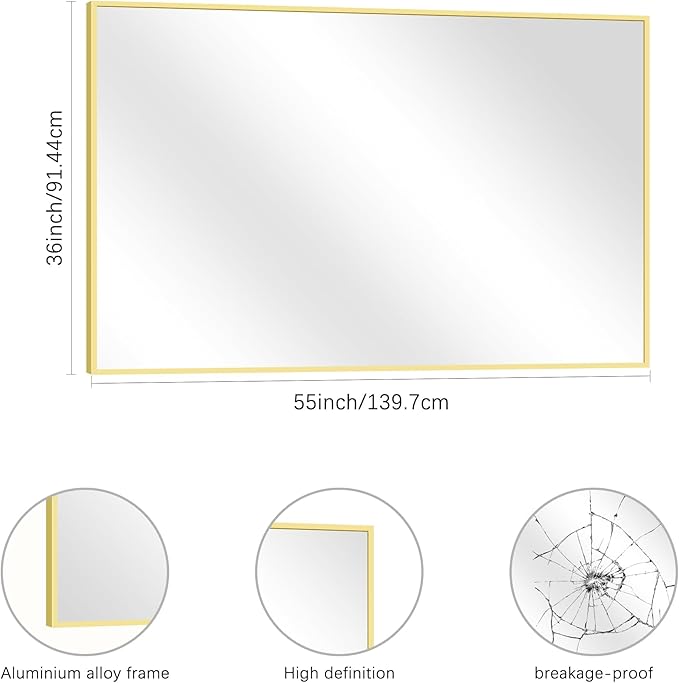 36x55inch Bathroom Mirror, Gold Rectangle Mirror with Thin Metal Frame, Large Rectangular Wall Mirror for Bathroom, Living Room, Hair Salon, Big Farmhouse Mirror Hang Horizontal/Vertical-Ruum Studio Home