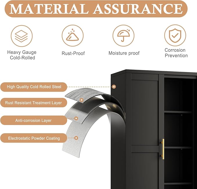 51" H Metal Kitchen Pantry Storage Cabinet, Freestanding Cupboard Storage Cabinet with Doors and Adjustable Shelves, Large Stand Up Food Cupboard for Living Room, Dinning Room, Black-Ruum Studio Home