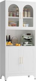 75" Tall Kitchen Pantry Cabinet, Metal Storage Cabinets with Acrylic Doors and Adjustable Shelves, Hutch Cabinet with Storage, White Microwave Stand Cabinets for Dining Living Room-Ruum Studio Home