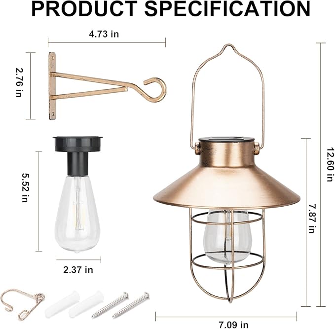 pearlstar Solar Lanterns Outdoor Metal Solar Powered Hanging Lights Waterproof for Barn Wall Yard Garden Patio Garage Balcony Porch Fence Decor, Warm White Edison Bulb (Copper-2pack)-Ruum Studio Home