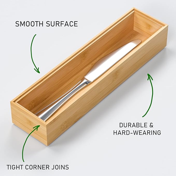 Silverware Tray for Drawer, Stackable Kitchen Bamboo Drawer Organizer 12" x 3" x 2" Set of 2-Ruum Studio Home