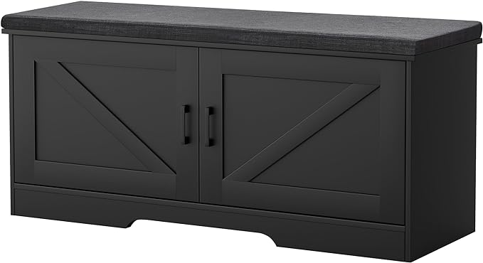 2-Tier Storage Bench, Shoe Bench with Padded Seat Cushion, Entryway Bench with 2 Barn Doors, Adjustable Shelf, 13.8" D x 39.4" W x 17.7" H, for Entryway, Living Room, Bedroom, Black-Ruum Studio Home