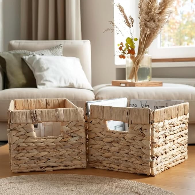 Woven Basket For Shelves, Baskets for Organizing, Wicker Storage Basket with Built-in Handles, Natural Baskets for Toys, Kitchen Storage (Medium 2-Pack, Natural Water Hyacinth)-Ruum Studio Home