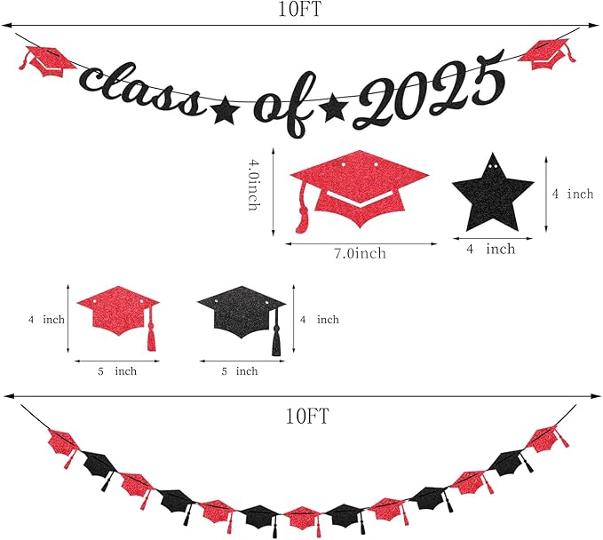 Red Black Party-Decoration Graduation Banner - 14pcs Kits Cap Garland Streamers, Paper Tissue Pom Poms Flowers Fans Honeycomb,Class Of 2025 College High School Grad Decor Hugfond-Ruum Studio Home