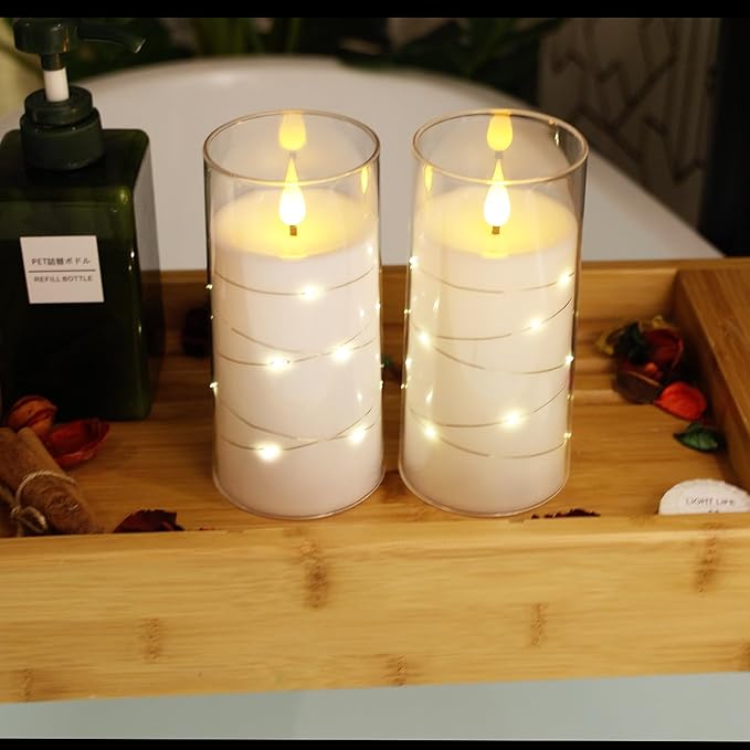 NURADA Flickering Flameless Candles: Built-in Star String Lights, Acrylic Battery Operated LED Pillar Candles with Remote and Timer for Romantic Mood Home Decoration - 2 Pack Pure White-Ruum Studio Home