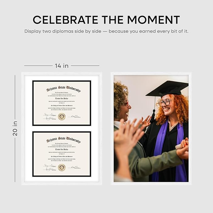 Homeforia 14x20 Double Diploma White Frame, High End Oak 14 x 20 Certificate Wood Frames with Mat for Two 8.5x11 Diplomas, 20x14 Wooden Dual Award Graduation Frames, Tempered Glass, Wall Kit, Set of 1-Ruum Studio Home