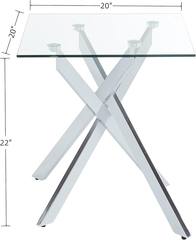Modern Style Square Side Table with Tempered Glass Top and Metal Tubular Legs, Silver 20”Dx20”Wx22”H-Ruum Studio Home