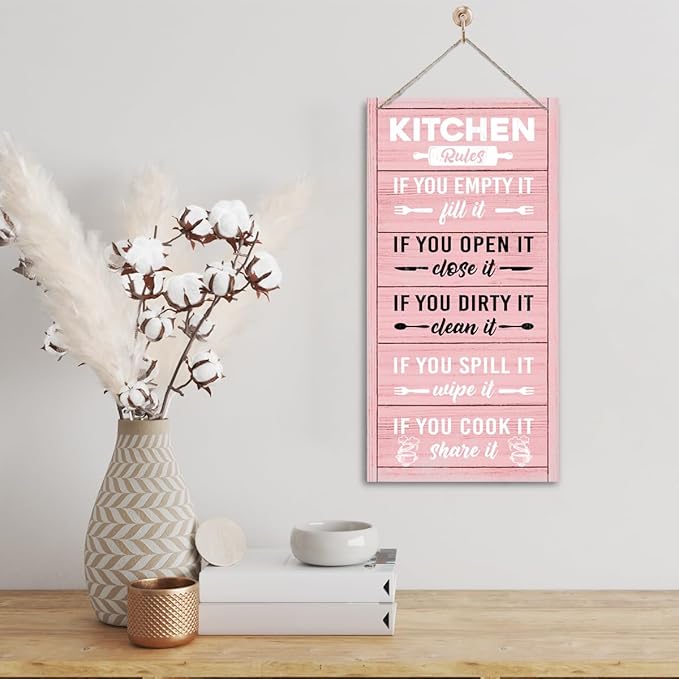 Hanging Kitchen Rules Wood Decor Sign, Rustic Kitchen Wooden Signs, Printed Wood Wall Art Sign, Kitchen Door Rules Rustic Sign, Hanging Wood Sign Kitchen Decor, Funny Farmhouse Kitchen Wall Décor F1-Ruum Studio Home