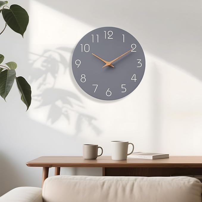 Mosewa Wall Clock Silent Non Ticking Decorative for Kitchen Bedroom Bathroom Office Living Room Battery Operated 10 Inch Gray Wood Modern Simple-Ruum Studio Home