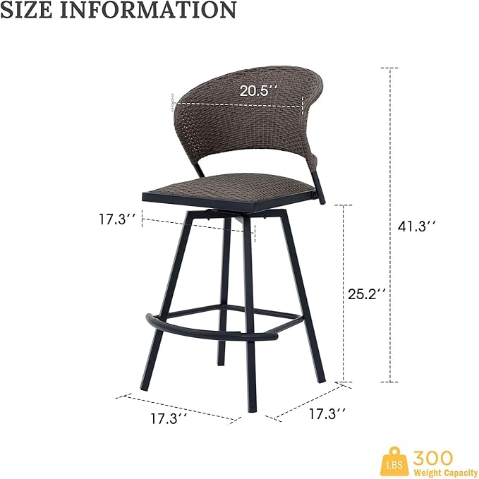 VICLLAX Patio Bar Stool Chairs with Footrests and Padded Seat, Bar Height Swivel Patio Chairs Set of 6, Brown Woven Wicker Swivel Bar Stools for Lawn Garden-Ruum Studio Home