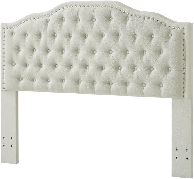 24KF Upholstered Button Tufted Queen Headboard with Nailhead Trim, Elegant Boucle Fabric Full headboard, 6031-Q-Boucle-Beige-Ruum Studio Home
