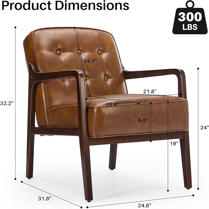 Faux Leather Accent Chair Set of 2, Mid Century Chair for Living Room, Upholstered Comfy Lounge Armchair with Solid Wood Frame, Modern Chair for Bedroom,105°Ergonomic Comfort, Brown-Ruum Studio Home