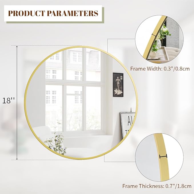 BEAUTYPEAK 18 Inch Round Mirror, Metal Frame Circle Mirror, Wall Mounted for Entryway, Bathroom, Vanity, Living Room, Gold-Ruum Studio Home