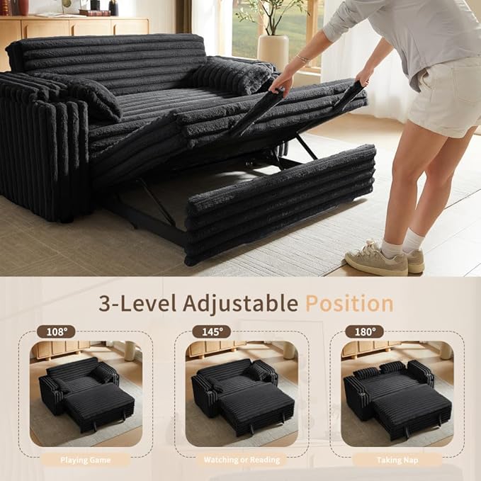 68.11" Corduroy Convertible Sofa Bed with USB Charging Port, Foldable Sleeper Chair with Pillows & Armrests, 3-in-1 Floor Couch for Living Room, Bedroom, Guest Room – Black-Ruum Studio Home